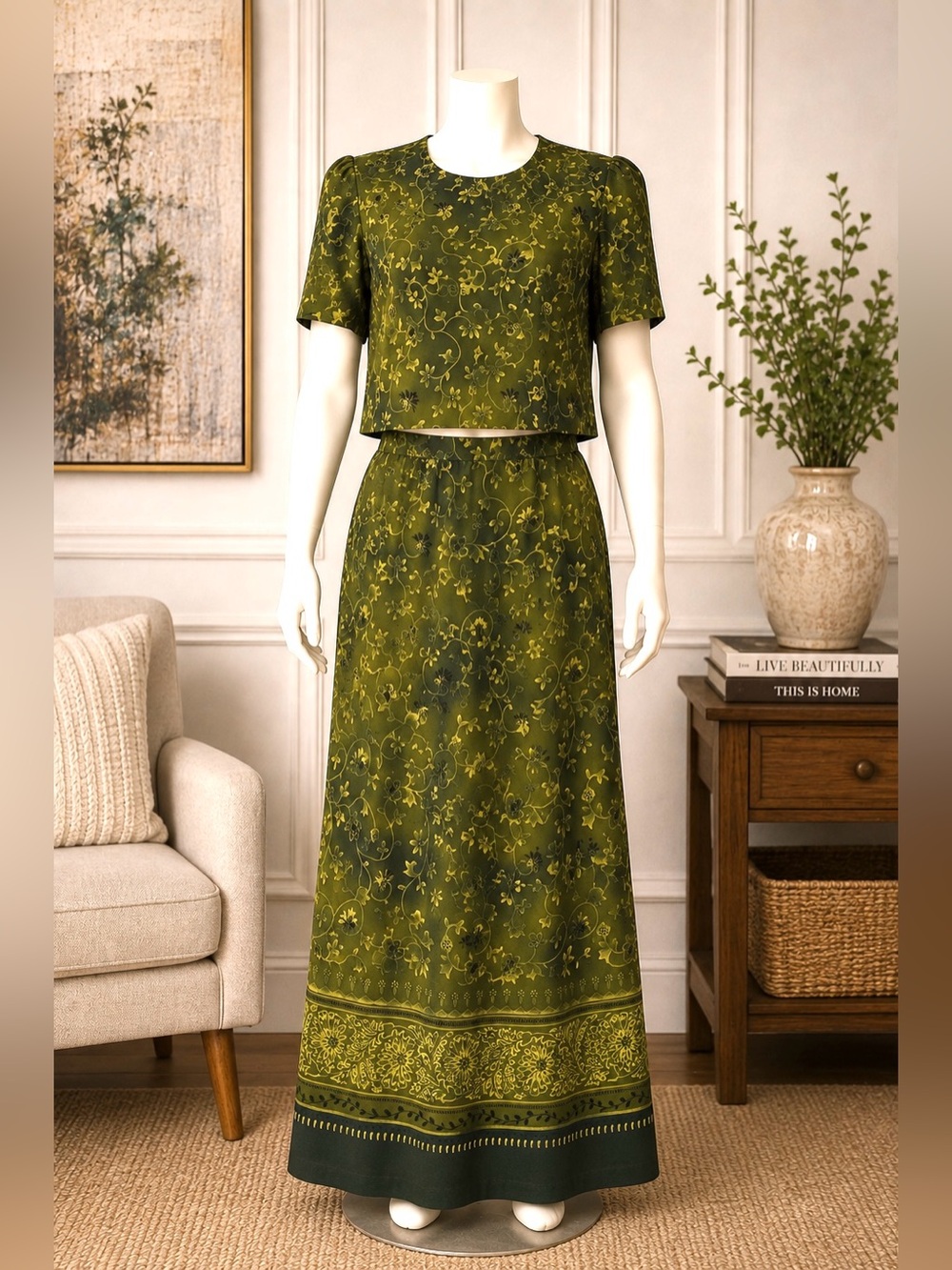 Vintage Plaza South Olive Green Floral Maxi Skirt Set Size 10